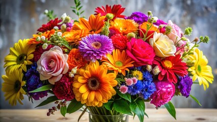 Vibrant colorful flowers arranged in a loose bouquet with delicate petals and stems, nature, flowers,  nature