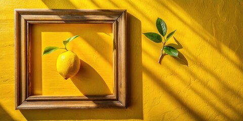 A lemon branch extends from a rustic wooden frame, casting a shadow on a vibrant yellow background with subtle texture and warm lighting effects , yellow background, lemon branch