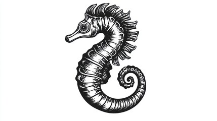 Detailed engraving of seahorse in profile on white background for nautical design