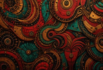 Abstract Pattern of Ornate Discs in Red, Teal, and Gold