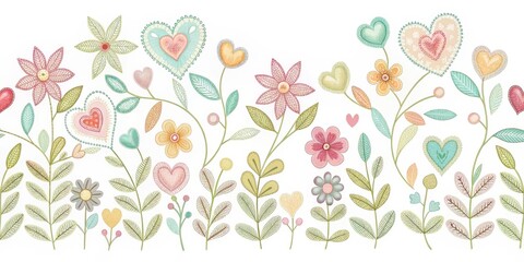 Intricate floral design with stitched hearts and leaves in pastel colors