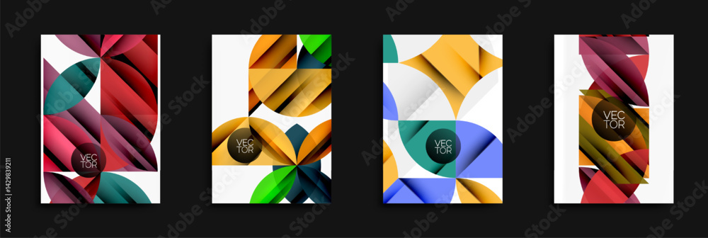 Poster Abstract geometric designs. Colorful shapes overlap, creating dynamic compositions. Modern vector illustrations for backgrounds or flyers.