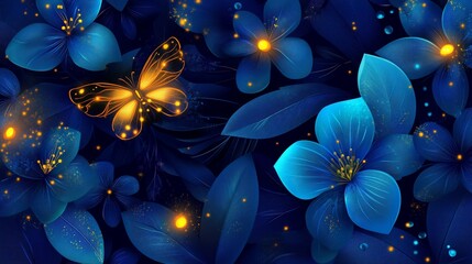 Glowing butterfly with blue floral elements and sparkling light effects