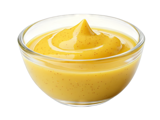 a small glass bowl filled with smooth yellow mustard featuring a glossy texture and a peak at the center commonly used as a condiment in various dishes