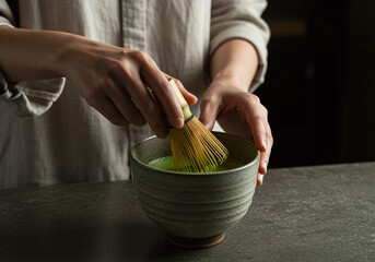 抹茶をたてる女性の手元
