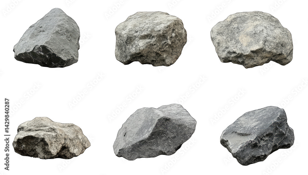 Poster six different rocks displayed on a white background showcasing various shapes and textures these roc