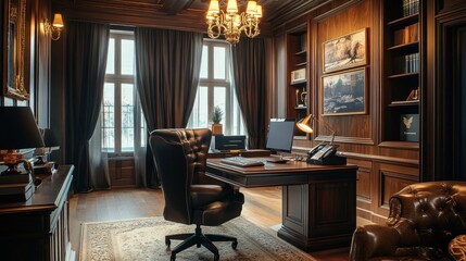 Luxurious Classic Wood Panelled Home Office with Leather Chair and Large Windows