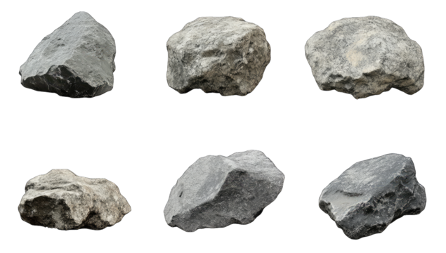 six different rocks displayed on a white background showcasing various shapes and textures these rocks can be used for educational purposes landscaping or decoration