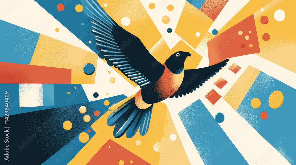 Aufkleber colorful abstract illustration of a bird in flight surrounded by geometric shapes and vibrant patter