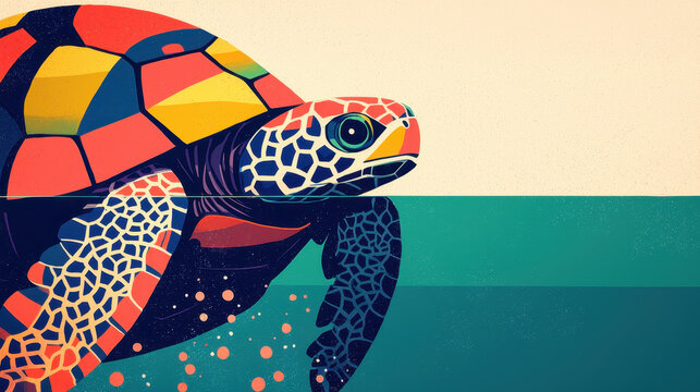 Vibrant digital illustration of a colorful turtle with intricate patterned and limbs, swimming in a minimalistic abstract ocean scene with bold colors