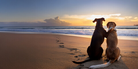 Dog friends sitting on the beach at sunset, looking over the ocean. One dog has his arm around his best friend.