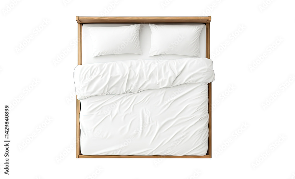 Poster an overhead view of a neatly made bed with white bedding and two pillows showcasing a minimalist and