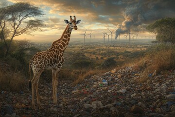 Obraz premium Giraffe Standing Amidst a Panoramic View of Trash-Strewn Earth Under a Dramatic Sky