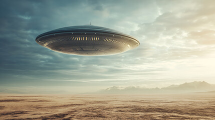 A futuristic spaceship hovering over a vast desert, its sleek design contrasting with the barren landscape, leaving copy space for sci-fi, exploration, or adventure-themed content.
