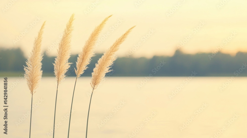 Poster a serene image of tall grass swaying gently by a calm water body, illuminated by soft sunlight, crea