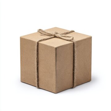 Craft paper box with twine string on white background