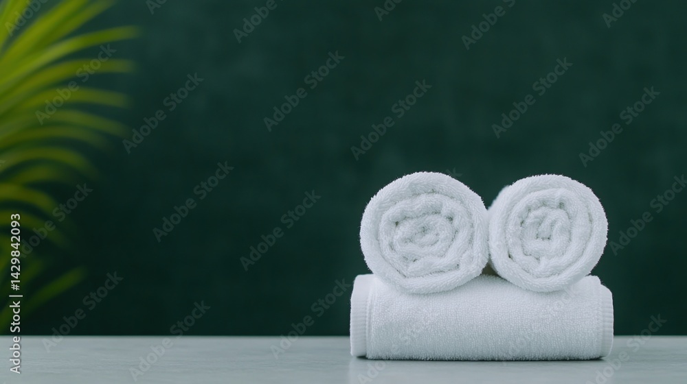 Poster freshly rolled white towels are neatly arranged on a surface, complemented by a soft green backdrop 