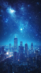 Fototapeta premium A city skyline is lit up at night with a blue sky above. The city is lit up with lights and the stars are visible in the sky