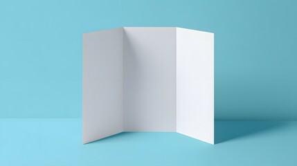 Fototapeta premium White Unfolded ThreePanel Brochure Stands Against Blue Background Backdrop