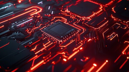 Obraz premium Close-up view of intricate glowing circuit board technology.