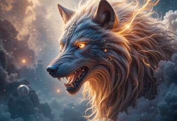 Naklejka premium Fantasy Wolf Growling with Glowing Eyes and Magical Aura