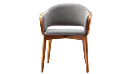 a modern chair featuring a curved backrest and wooden arms designed for comfort and style suitable for dining or casual settings