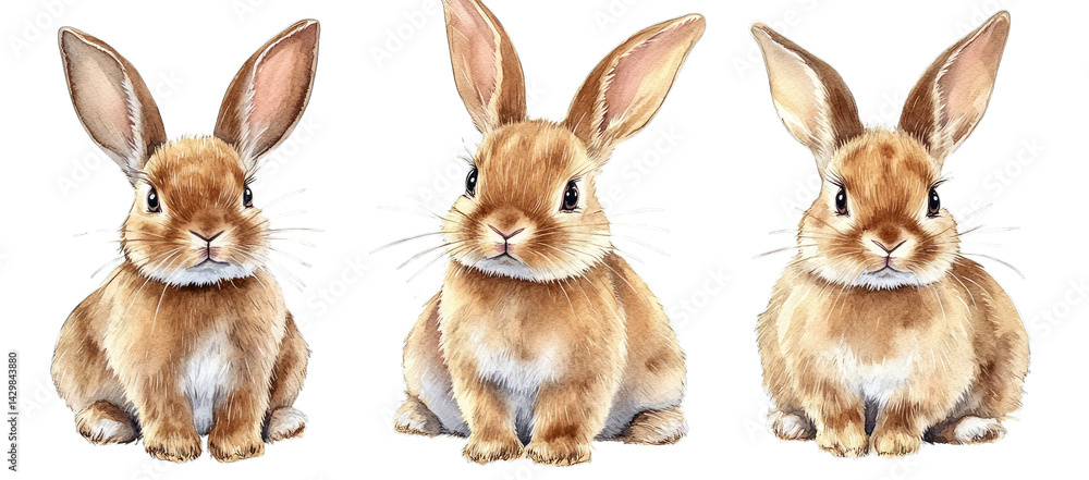 Poster three adorable rabbits each with soft fur and large ears sitting side by side their expressions are 