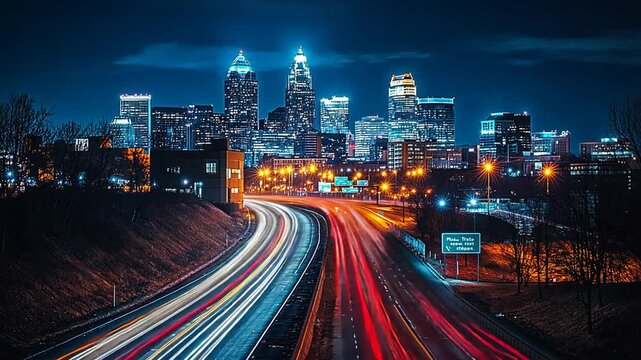 Nightscape of Charlotte City Skyline with Highway Traffic Light Streaks and Modern Architecture