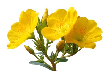Naklejka premium Yellow Evening Primrose Flowers Bunch Isolated on White Background Close Up