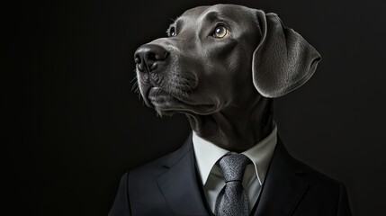 A black dog dressed in a neat suit, with a black background.