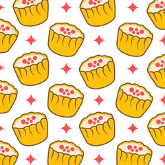 Repeat pattern of kawaii Chinese dim sum with decorative stars, perfect for cute food-themed packaging, textile prints, and digital backgrounds