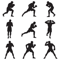 set of black boxer, kickboxing kick boxer boxing men, boxer throwing a punch silhouettes