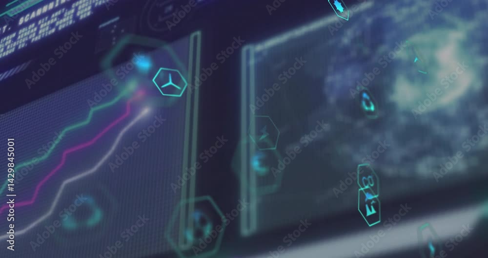 Poster futuristic panels displaying neon line graphs and floating hex icons in animated tech scene