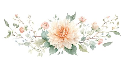 Fototapeta premium Dahlia Floral Arrangement with Pastel Roses, Eucalyptus Leaves and Delicate Twigs
