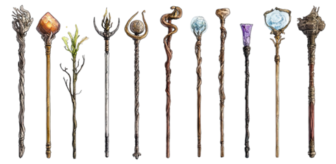 intricately designed magical wands and staffs each showcasing unique materials and embellishments suggesting their use in fantasy settings or magical practices