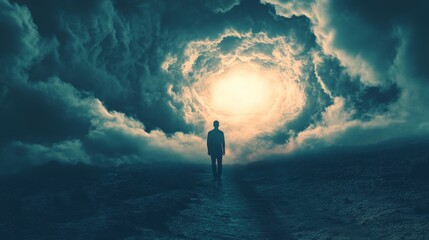 Obraz premium A man walking towards a bright light in the clouds.