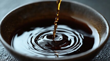 Soy sauce being poured into a bowl.  A rich, dark liquid cascading