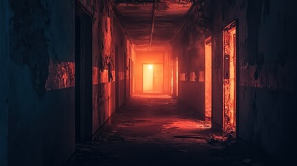 Fototapeta premium Eerie illuminated corridor in a dilapidated and abandoned building or complex