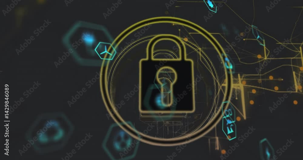 Poster cybersecurity ui being animated around glowing padlock, showing rotating rings and cyan hexagons