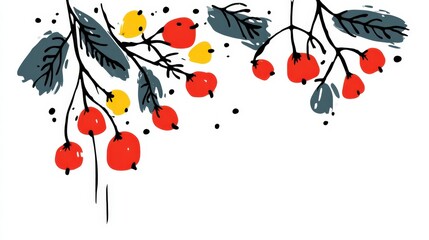 Artistic Branch with Red and Yellow Berries  Autumnal Design Element