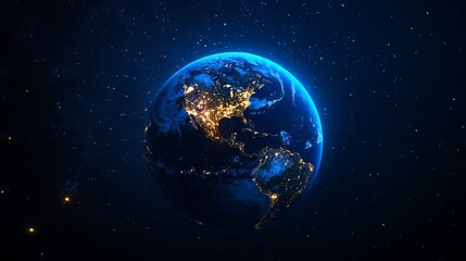 Obraz premium Earth illuminated with city lights viewed from space against a backdrop of stars and deep blue hues