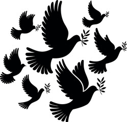 Obraz premium a dynamic arrangement of seven black silhouettes depicting doves in flight. 