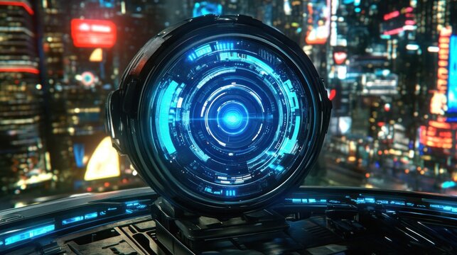 Futuristic technological orb atop a sleek cityscape.