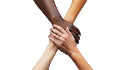 three hands of different skin tones coming together in a gesture of unity and solidarity symbolizing diversity and collaboration