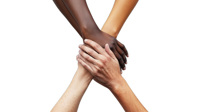 three hands of different skin tones coming together in a gesture of unity and solidarity symbolizing diversity and collaboration