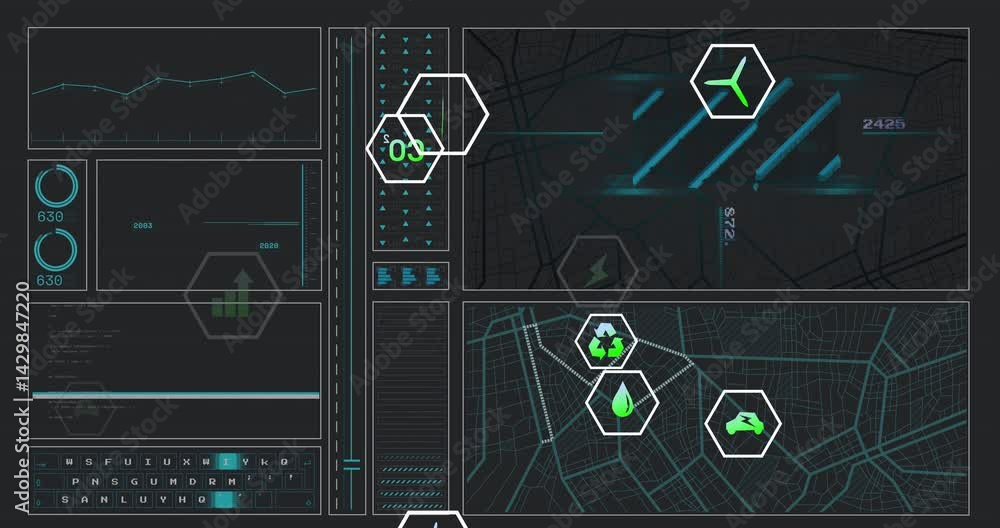 Poster 3d energy dashboard being animated in widescreen layout, showing data panels and neon icons