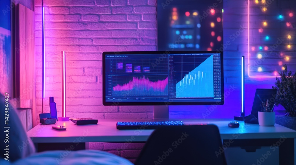 Poster illuminated workspace setup featuring data charts under neon and ambient lighting