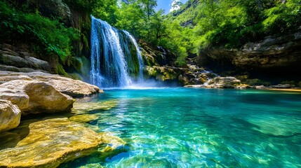 Obraz premium Serene Waterfall in Lush Green Forest - Nature Photography: High-qu.