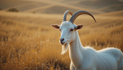 Obraz premium White goat with curved horns standing in dry golden grass field at sunset.