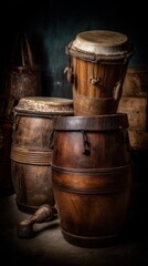 Fototapeta premium Aged wooden drums in a dimly lit room
